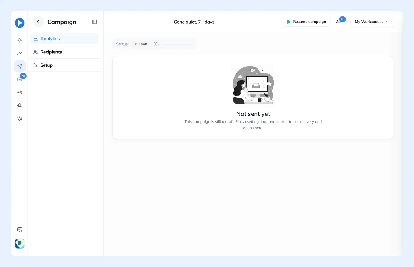 A campaign's own page, with its controls and its performance over a range you choose.