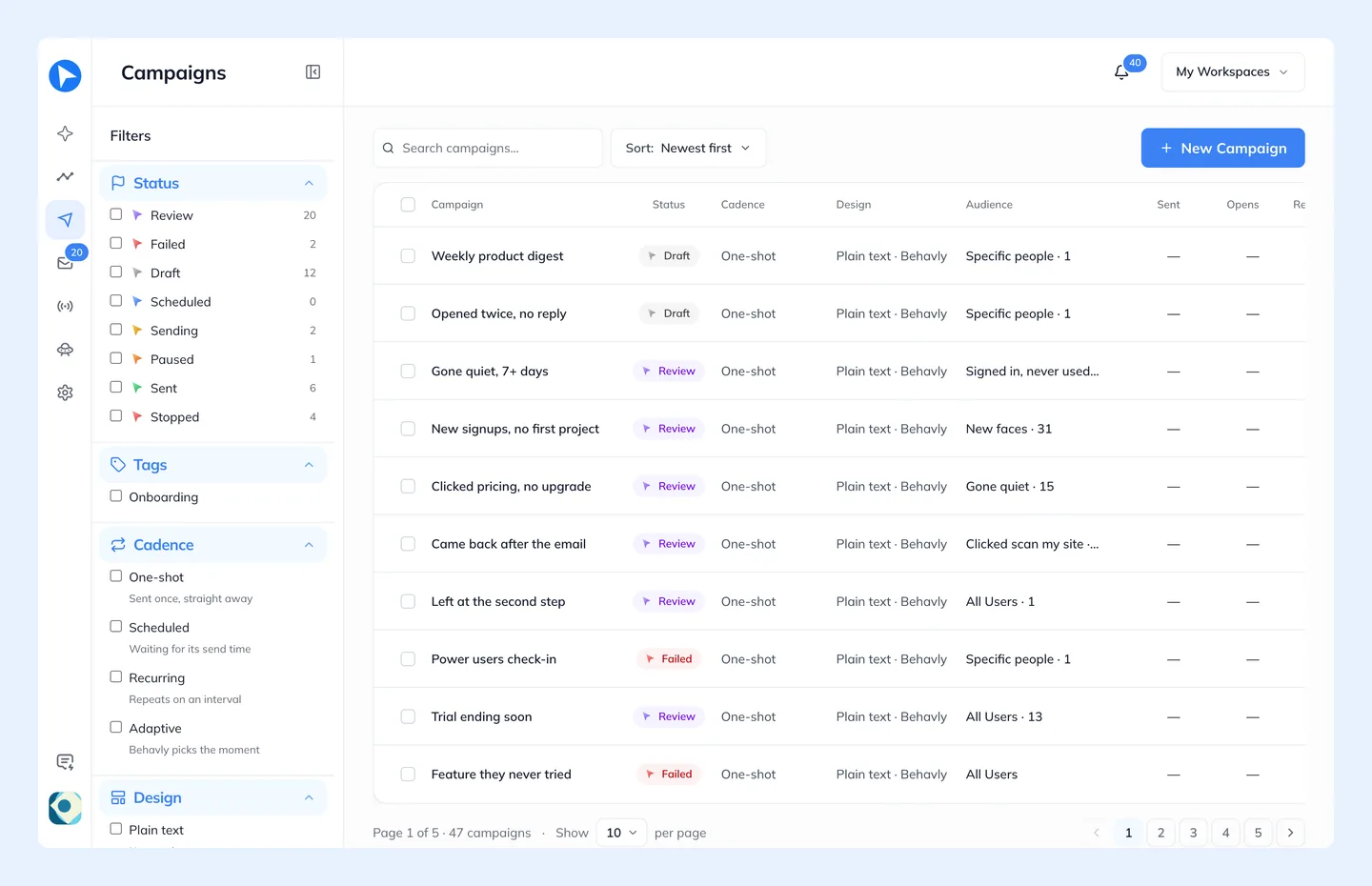 The campaign list. Status, cadence, design, audience and results at a glance, filterable from the left rail.