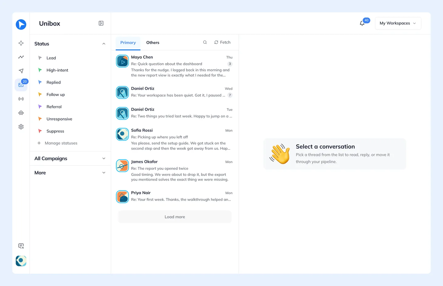The Inbox. Views on the left, threads in the middle, the conversation on the right.