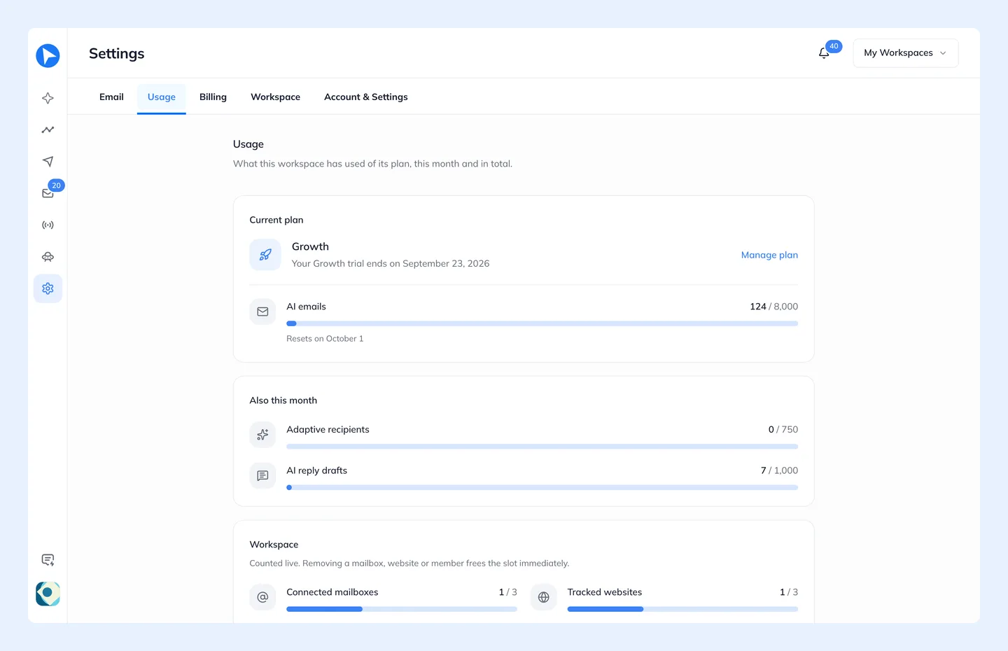 Settings \u2192 Usage, showing consumption against every limit on your plan.