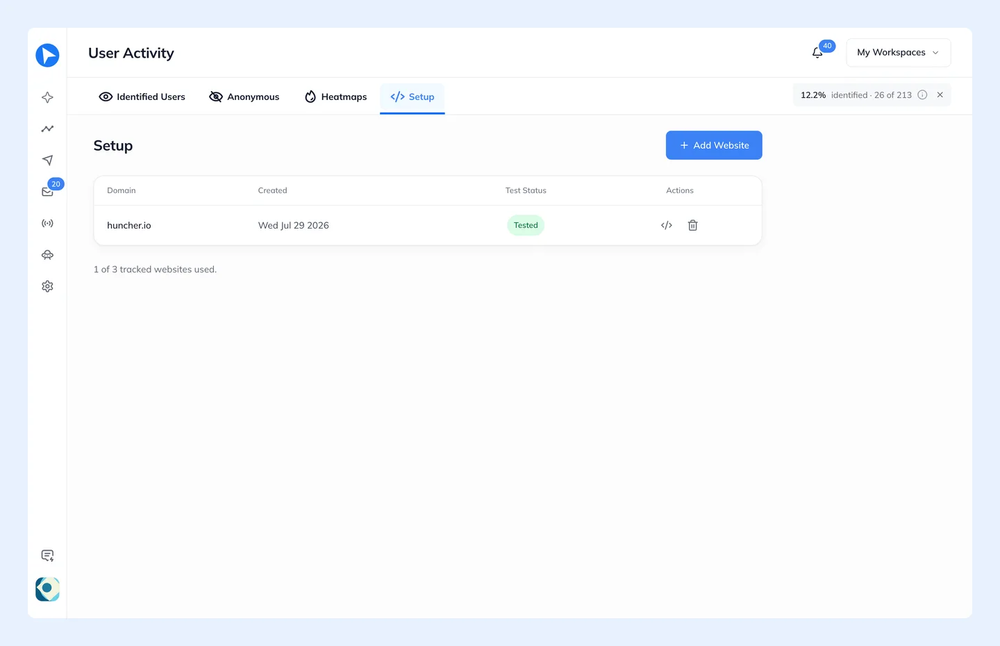 The Setup tab. Each tracked domain shows its test status; the code icon in the Actions column copies that source's snippet.